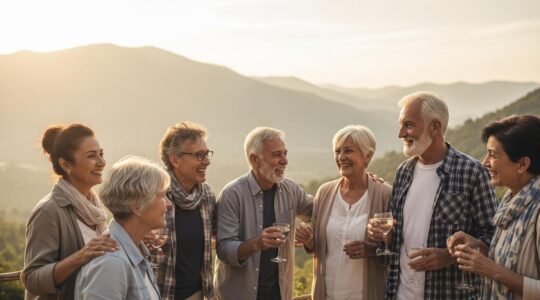 Un groupe de seniors heureux en voyage, découvrant un paysage naturel pittoresque tout en échangeant et riant ensemble.