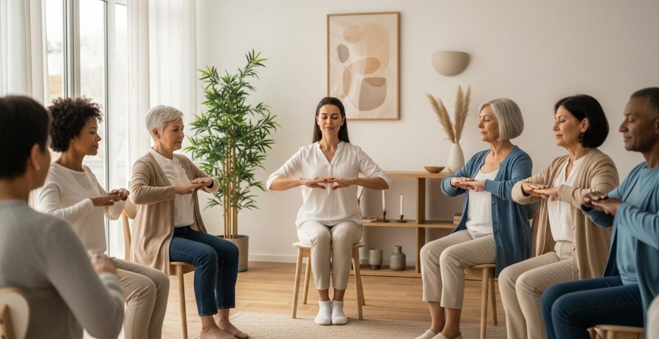 Séance de sophrologie guidée en groupe de seniors, ambiance apaisante et bienveillante