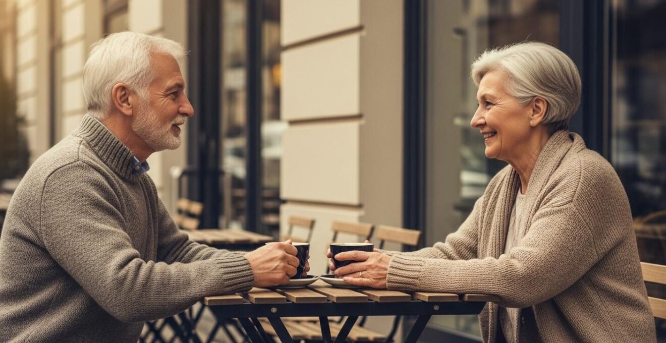 Deux seniors souriants s'installant à une table de café en extérieur, échangeant un café dans une atmosphère conviviale et détendue