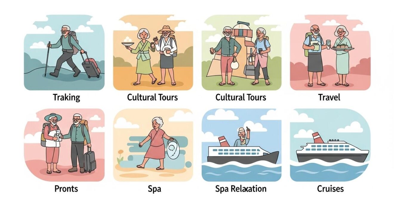 Illustration montrant différents profils de seniors célibataires en voyage selon le type de séjour choisi, de l'aventure à la détente