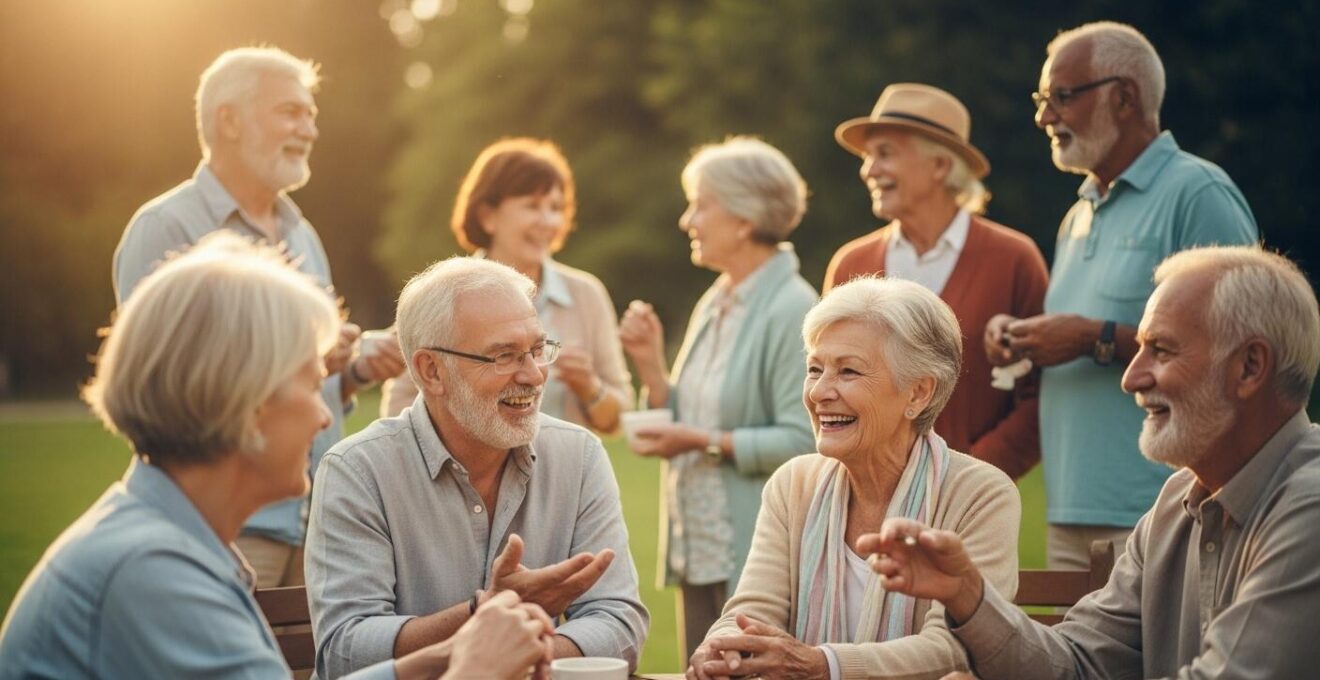 Un groupe de seniors souriants partageant un moment joyeux à l'extérieur dans un parc ensoleillé