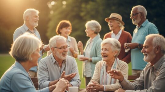 Un groupe de seniors souriants partageant un moment joyeux à l'extérieur dans un parc ensoleillé