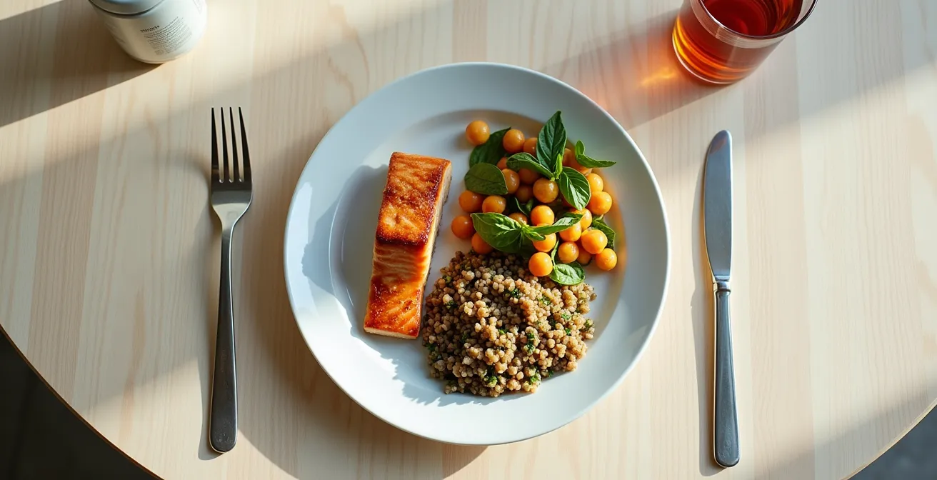 Vue aérienne d'une assiette équilibrée avec portions de protéines animales et végétales adaptées aux seniors