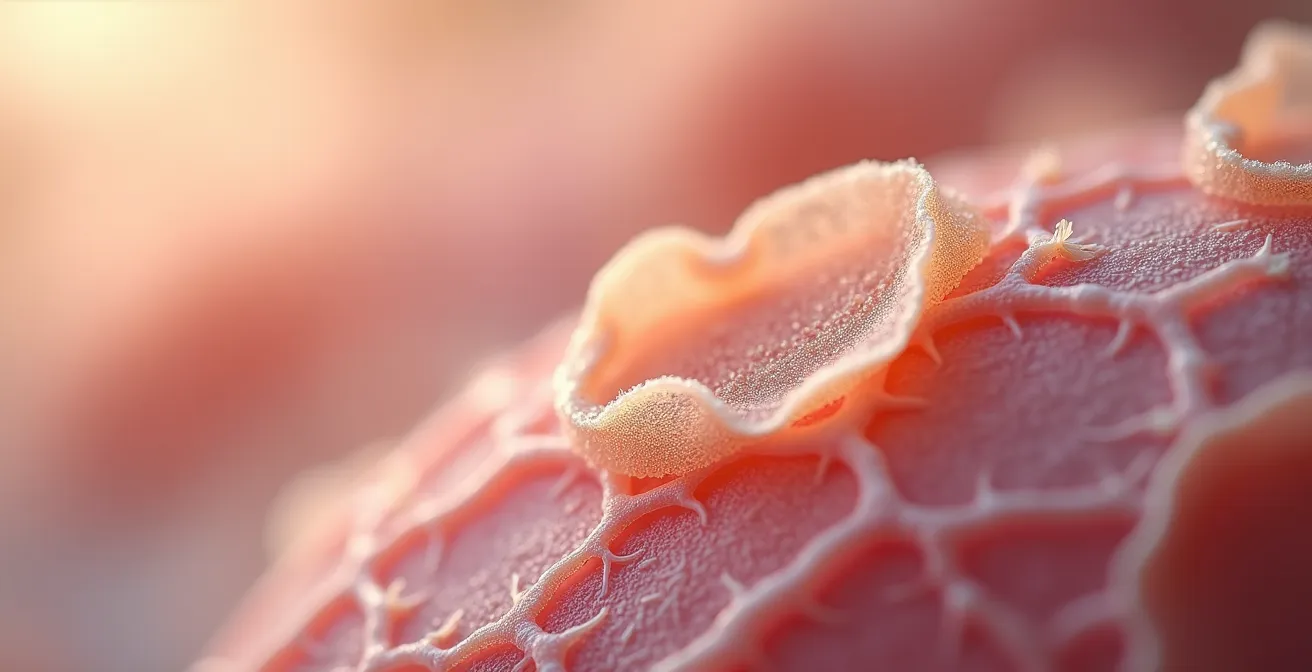 Vue macro détaillée de fibres de collagène avec texture naturelle de la peau mature