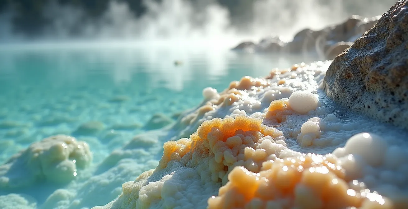 Vue aérienne d'une station thermale française nichée dans un paysage naturel avec vapeurs d'eau thermale