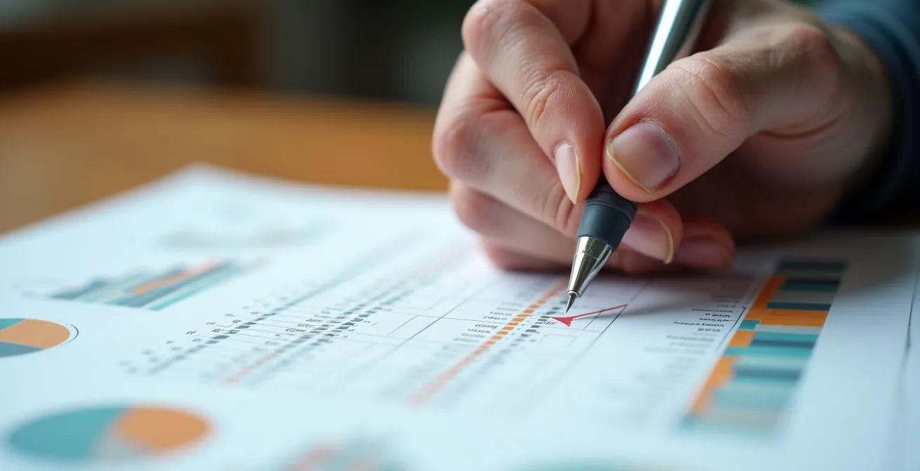 Main senior cochant une liste de vérification pour comparer des mutuelles sur un bureau.