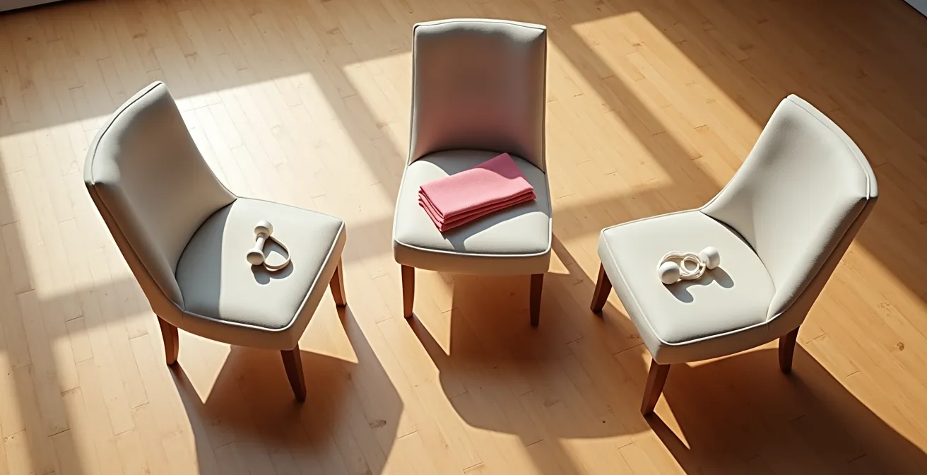 Vue d'ensemble de différentes activités sur chaise pour seniors, symbolisées par trois chaises