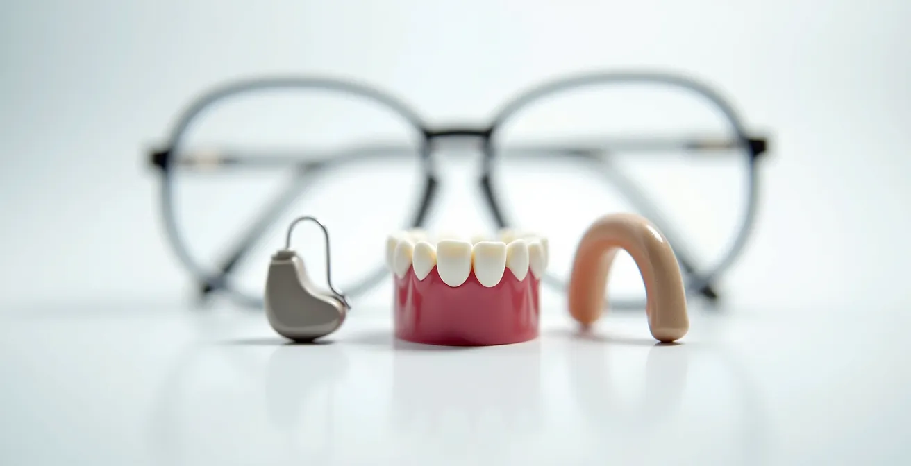 Vue macro détaillée de lunettes, prothèse dentaire et appareil auditif disposés artistiquement sur une surface blanche épurée