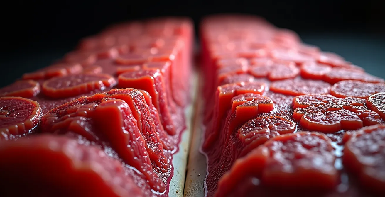 Comparaison visuelle d'une coupe de muscle entre un jeune adulte et un senior montrant la différence de densité musculaire