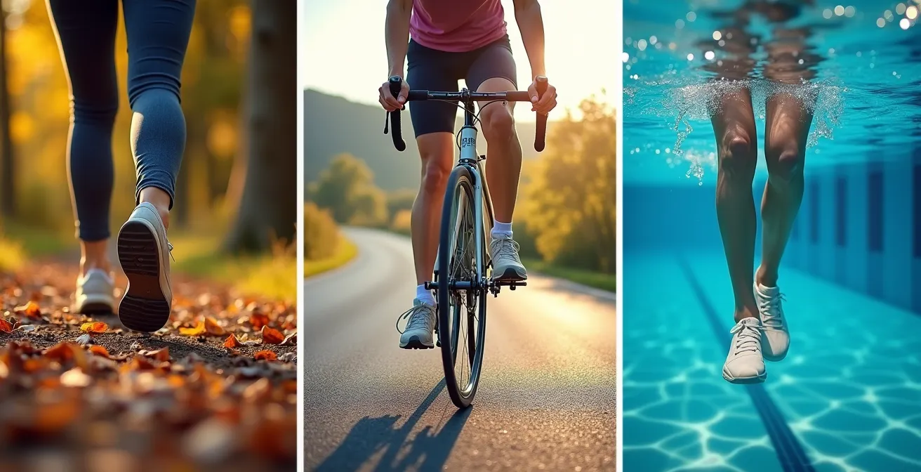 Trois seniors pratiquant marche, vélo et natation dans un parc français