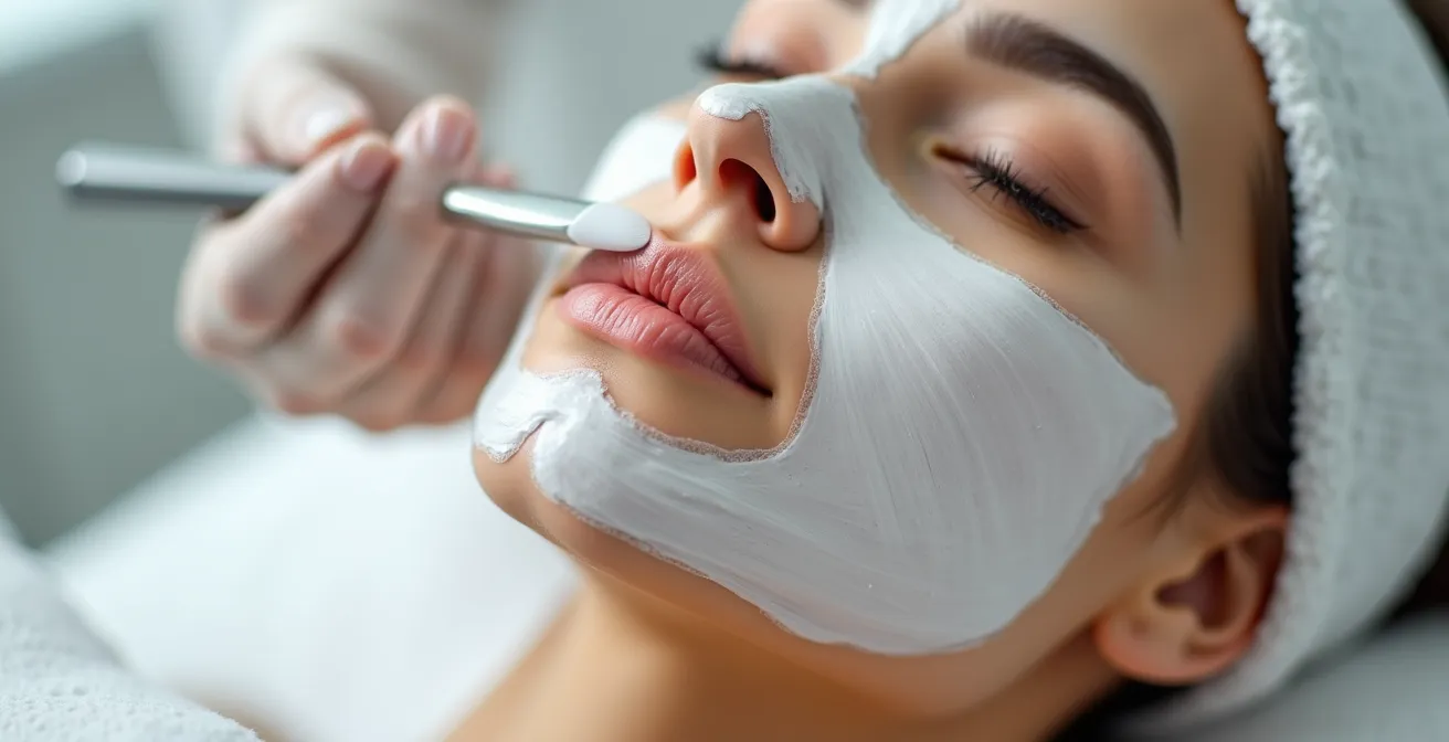 Vue détaillée des mains d'une esthéticienne appliquant un masque sur le visage d'une cliente senior