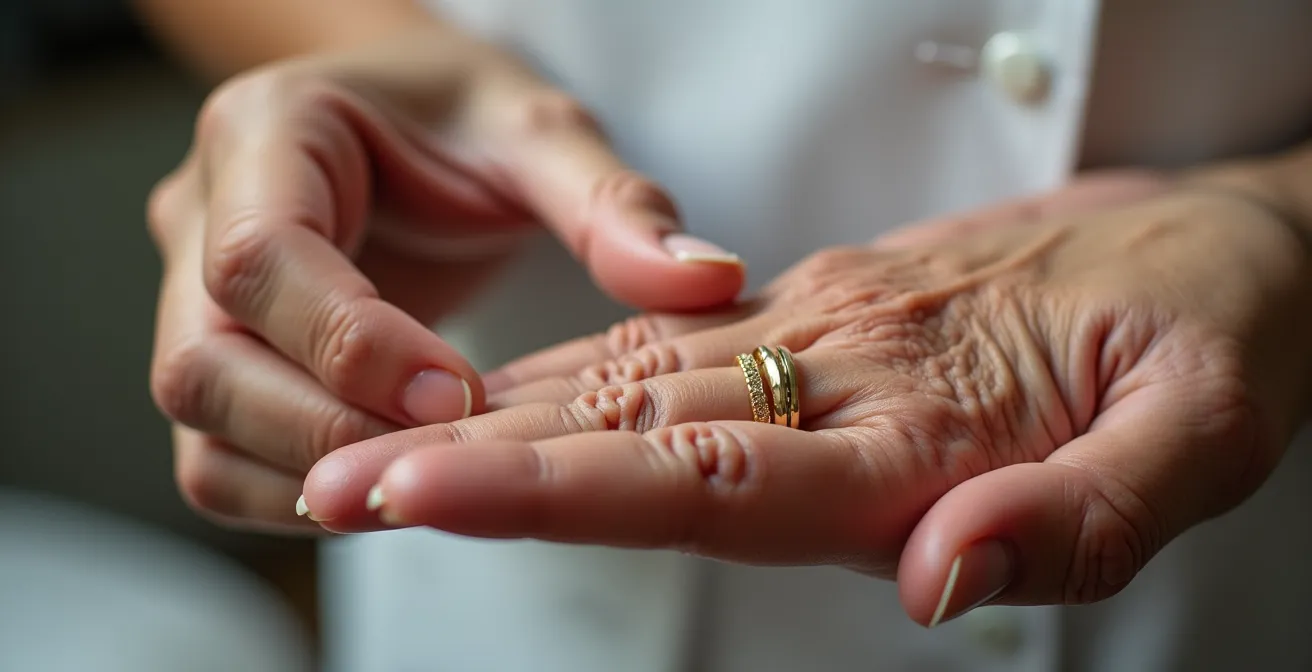 Gros plan sur une main examinant délicatement la texture de la peau
