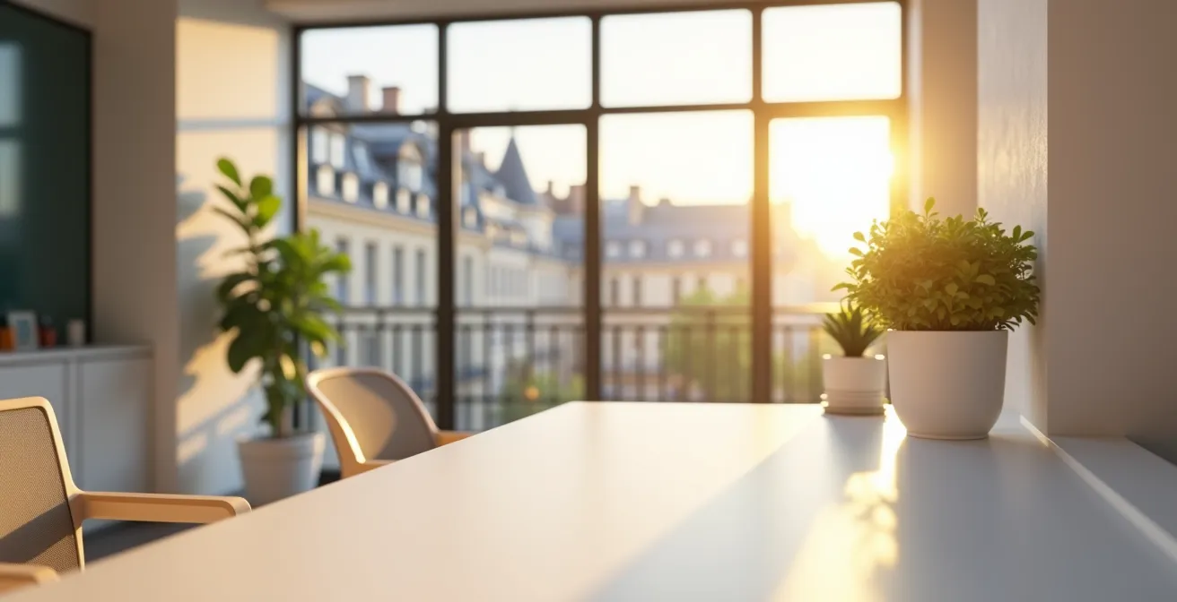 Bureau moderne avec vue panoramique sur une ville française, espace de consultation épuré et lumineux