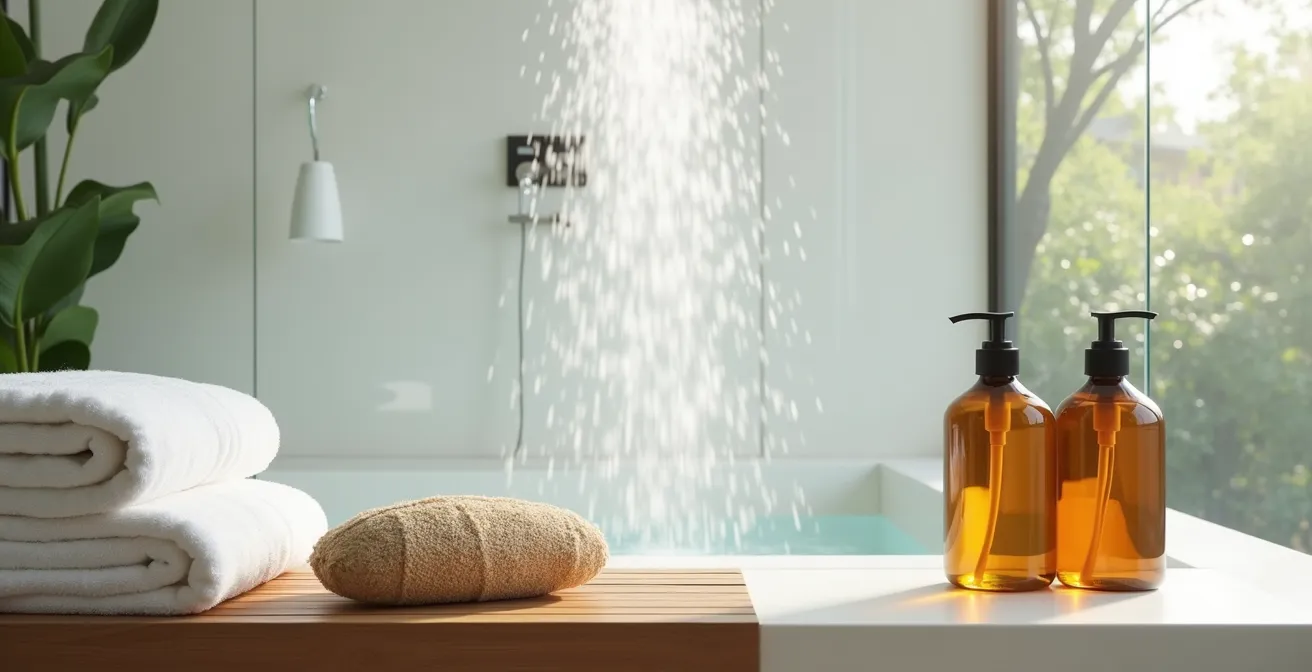 Salle de bain moderne avec pomme de douche et serviettes moelleuses, ambiance spa