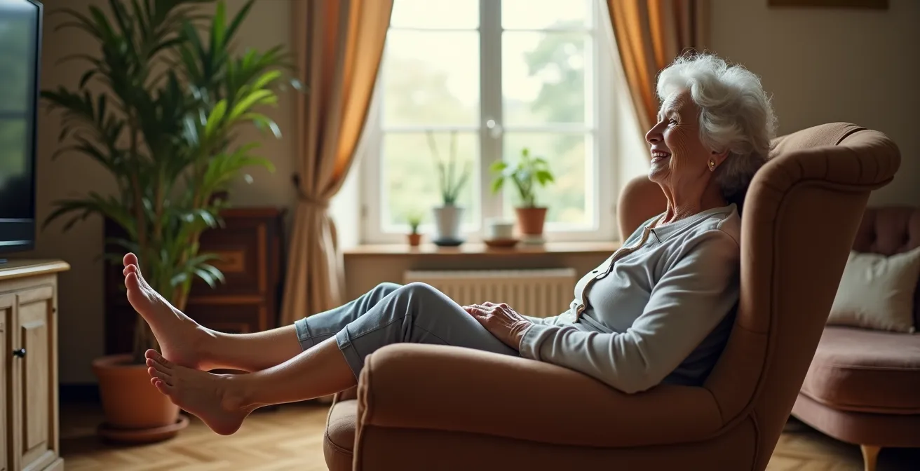 Senior pratiquant des exercices de flexion des chevilles assis dans son salon