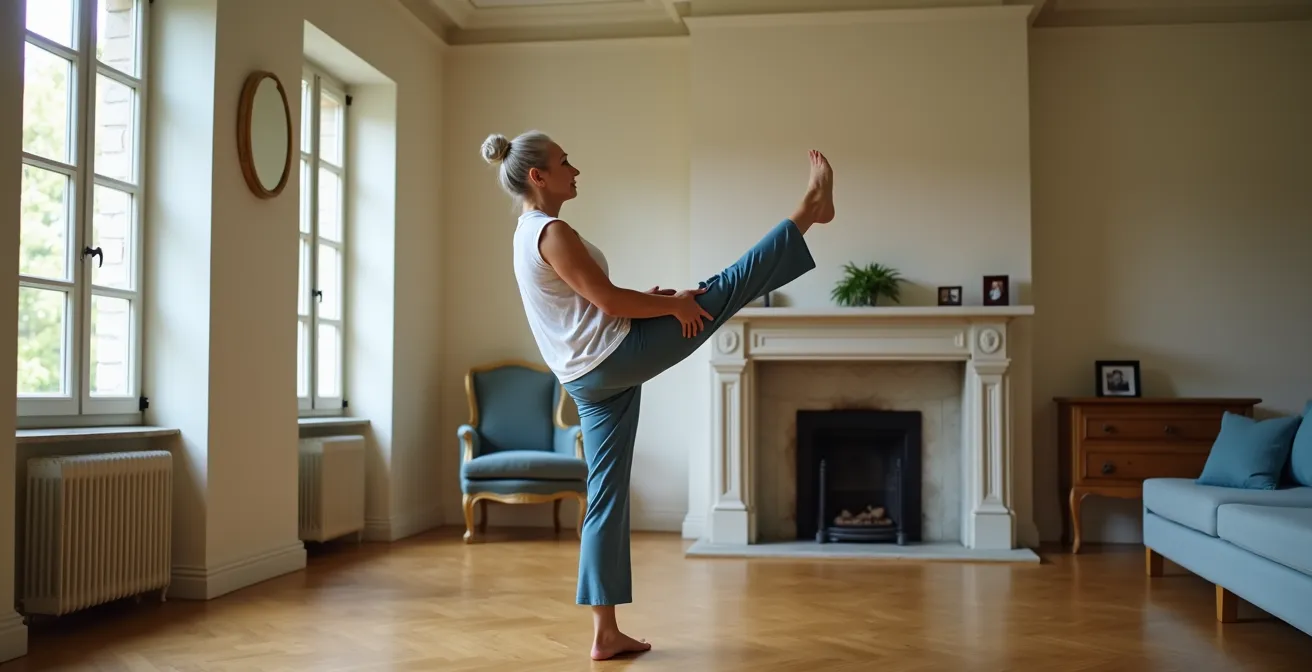 Senior effectuant des exercices d'équilibre dans son salon