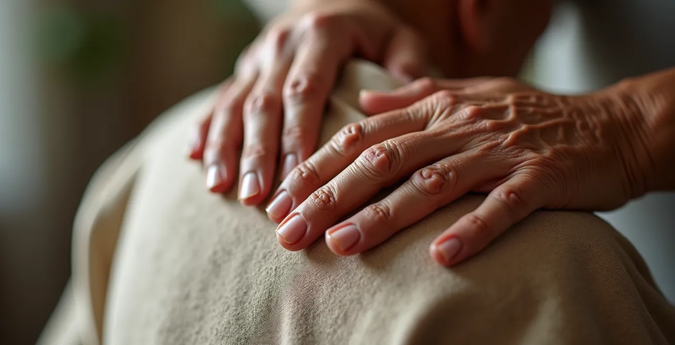 Gros plan sur les mains d'une personne appliquant une compresse chaude sur son épaule pour soulager une tension