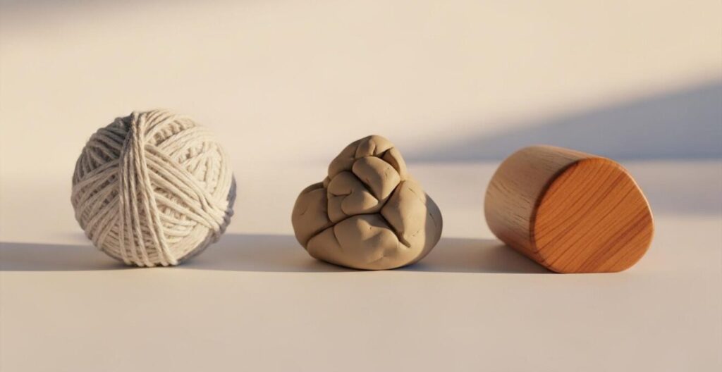 Représentation symbolique de la laine, de l'argile, et du bois avec des éléments visuels évoquant réconfort, patience et lâcher-prise. Représentation symbolique de la laine, de l'argile, et du bois avec des éléments visuels évoquant réconfort, patience et lâcher-prise.