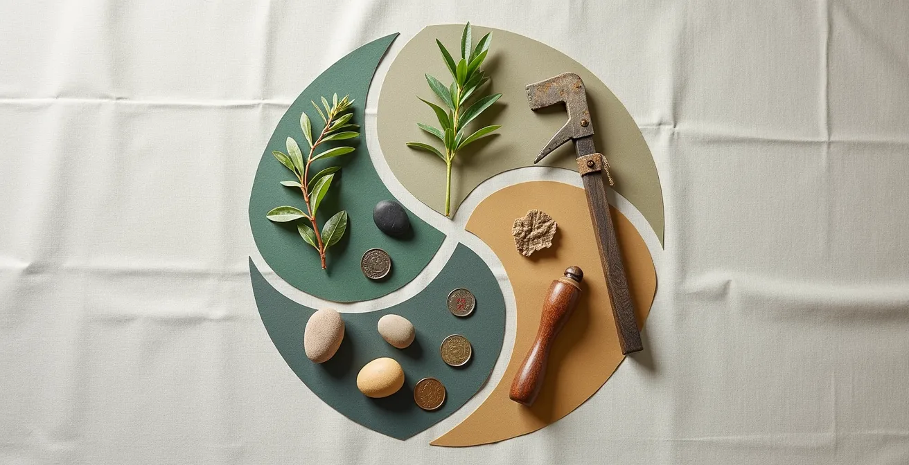 Représentation visuelle symbolique de la méthode Ikigai avec des éléments naturels disposés en cercle