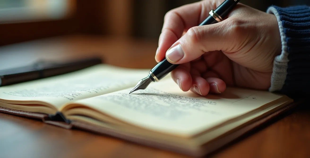 Gros plan macro sur une main senior écrivant dans un carnet avec une plume