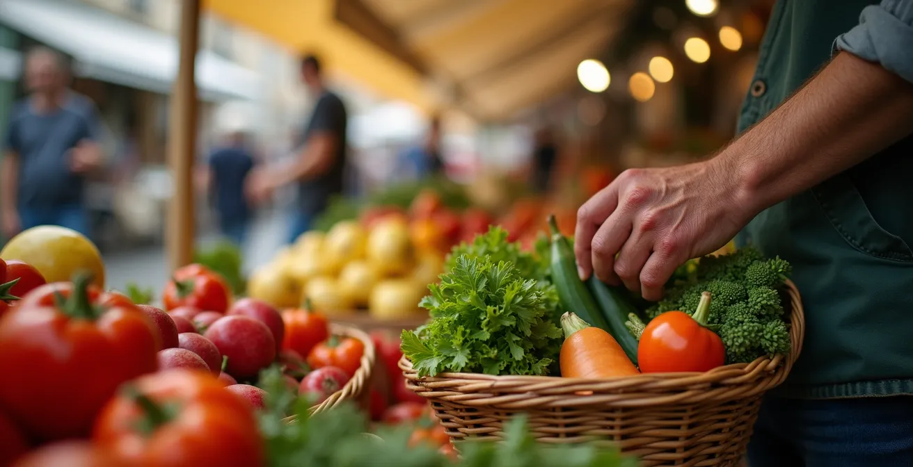 Couple de seniors au marché français du samedi matin avec panier de légumes frais