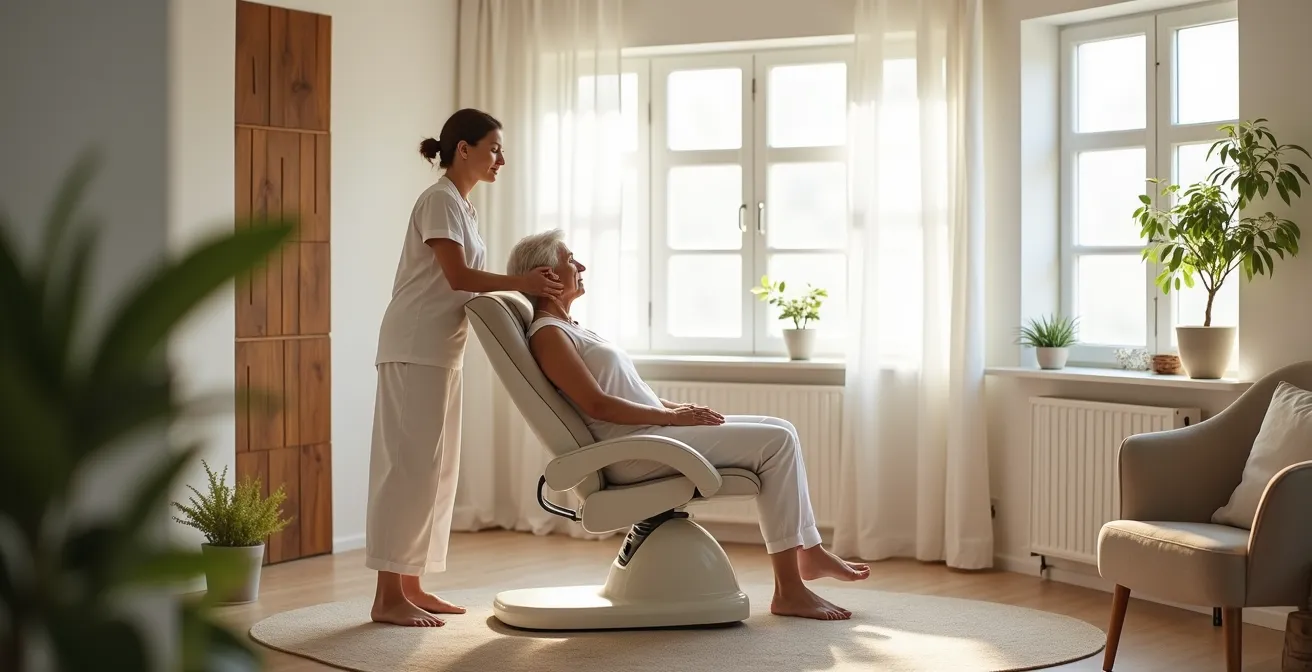 Praticien effectuant un massage cervical doux sur une personne âgée assise confortablement