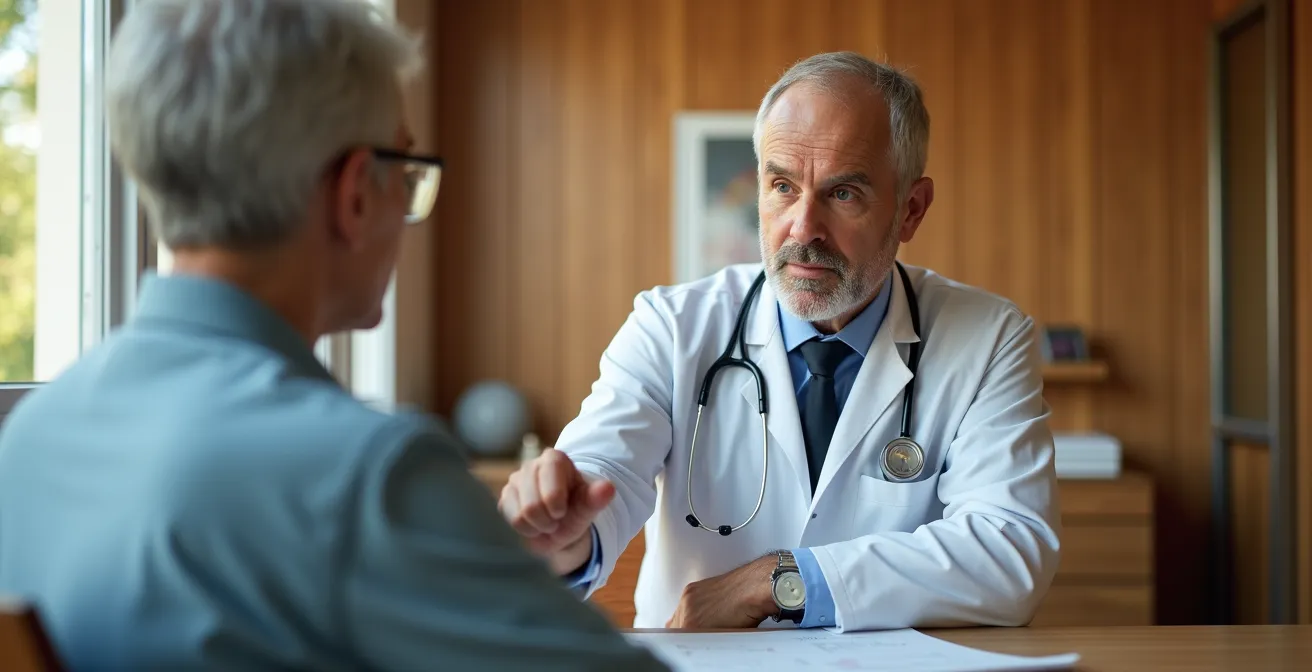 Médecin thermal en consultation avec patient senior examinant un programme de soins personnalisé