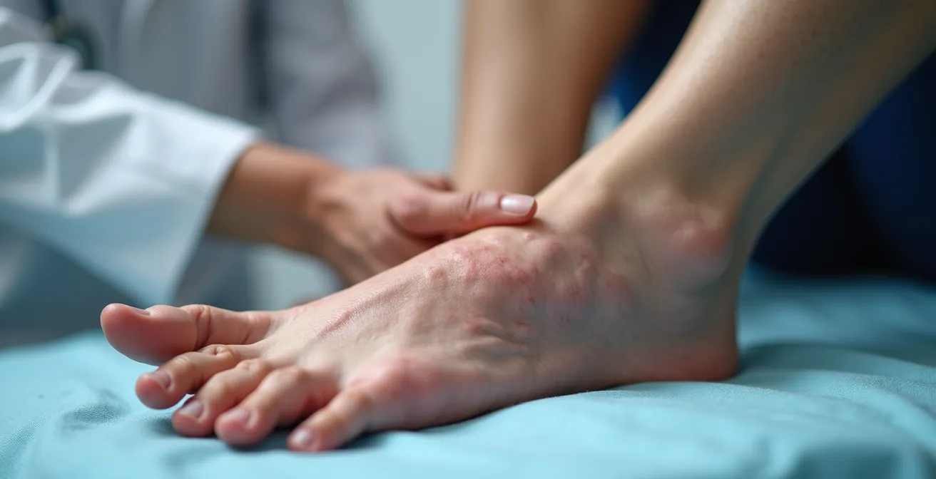 Gros plan sur une cheville gonflée avec test du signe de Stemmer montrant l'œdème lymphatique