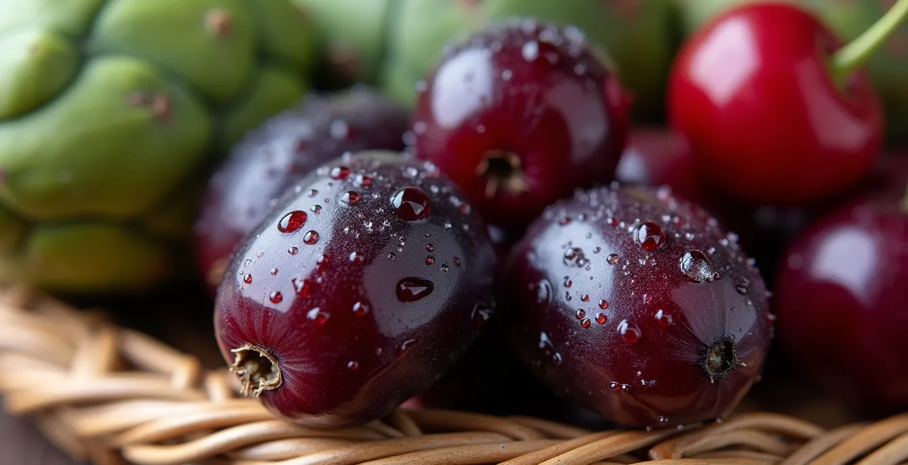 Panier en osier rempli de fruits et légumes antioxydants du terroir français comme des artichauts, des cerises et du cassis.