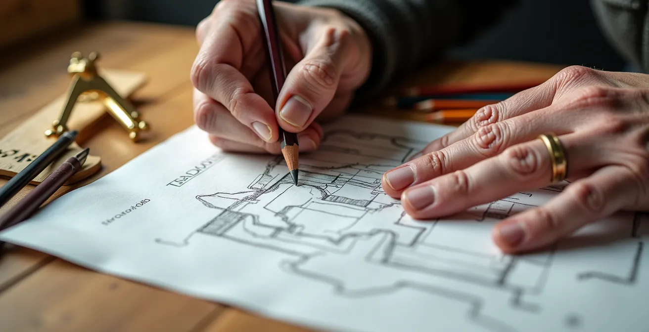 Mains de senior traçant un plan de vie sur une table lumineuse