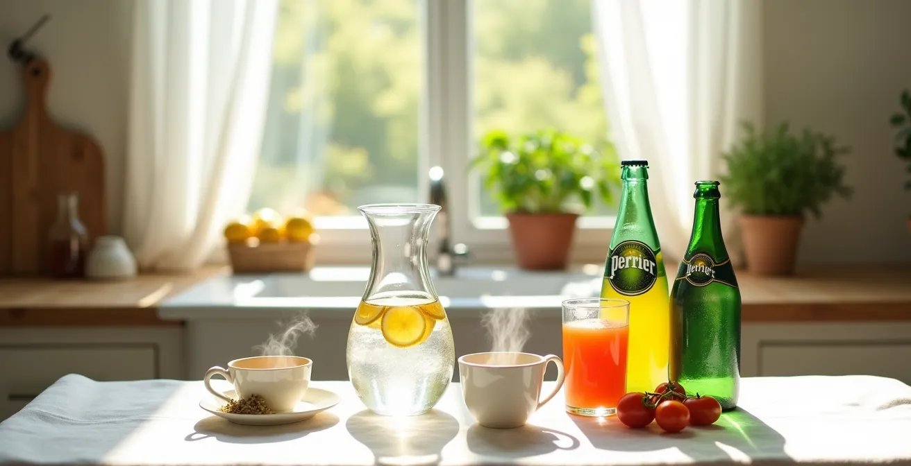 Plateau avec diverses boissons hydratantes adaptées aux seniors français