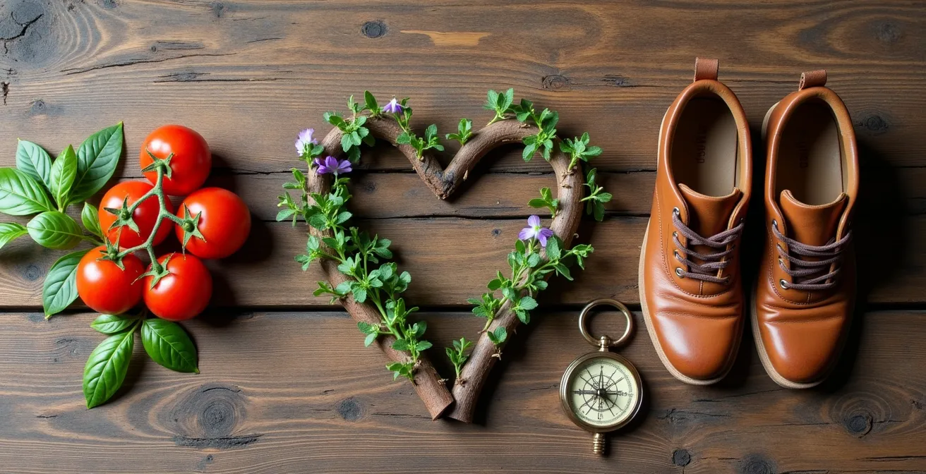 Composition symbolique des 4 piliers du bien-vieillir avec des chaussures de marche, des tomates, des branches entrelacées et une boussole.
