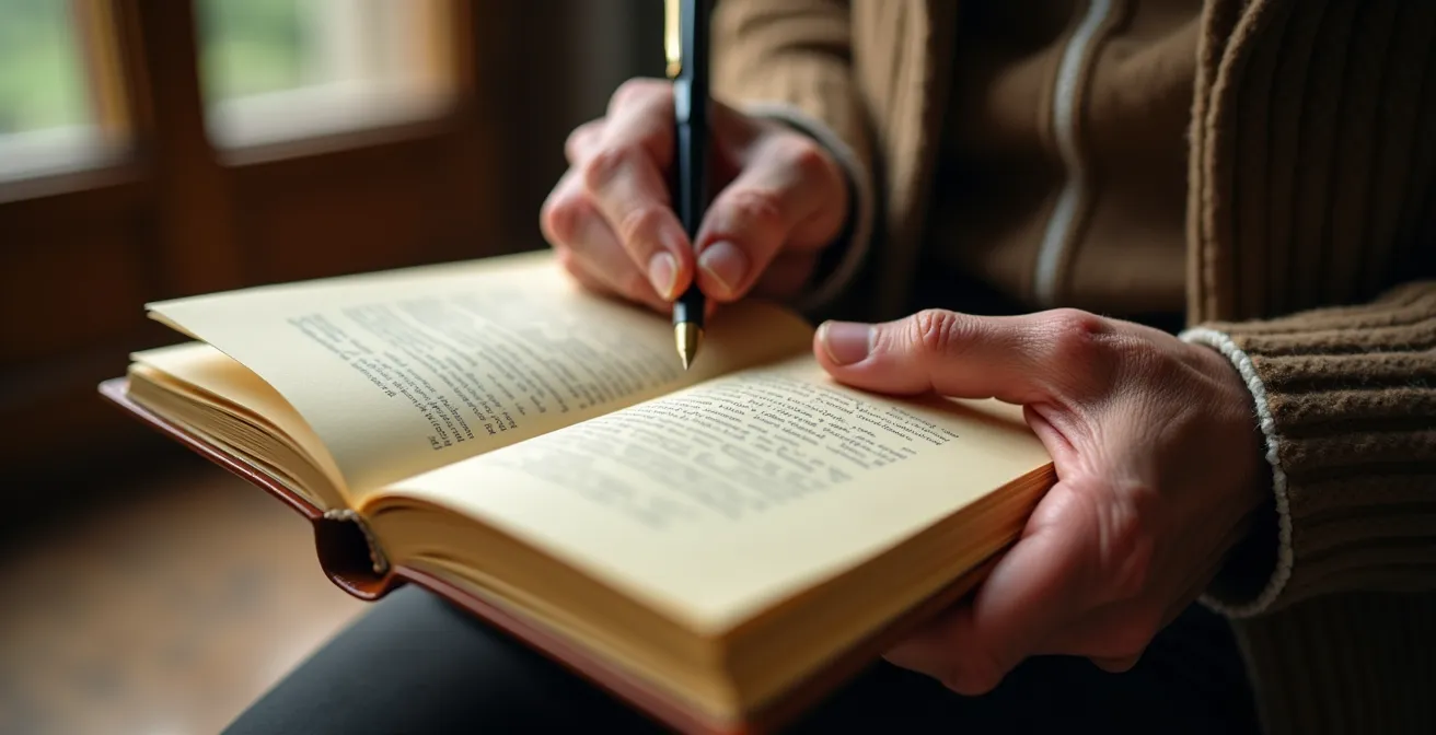 Main de senior tenant un carnet de notes avec stylo plume