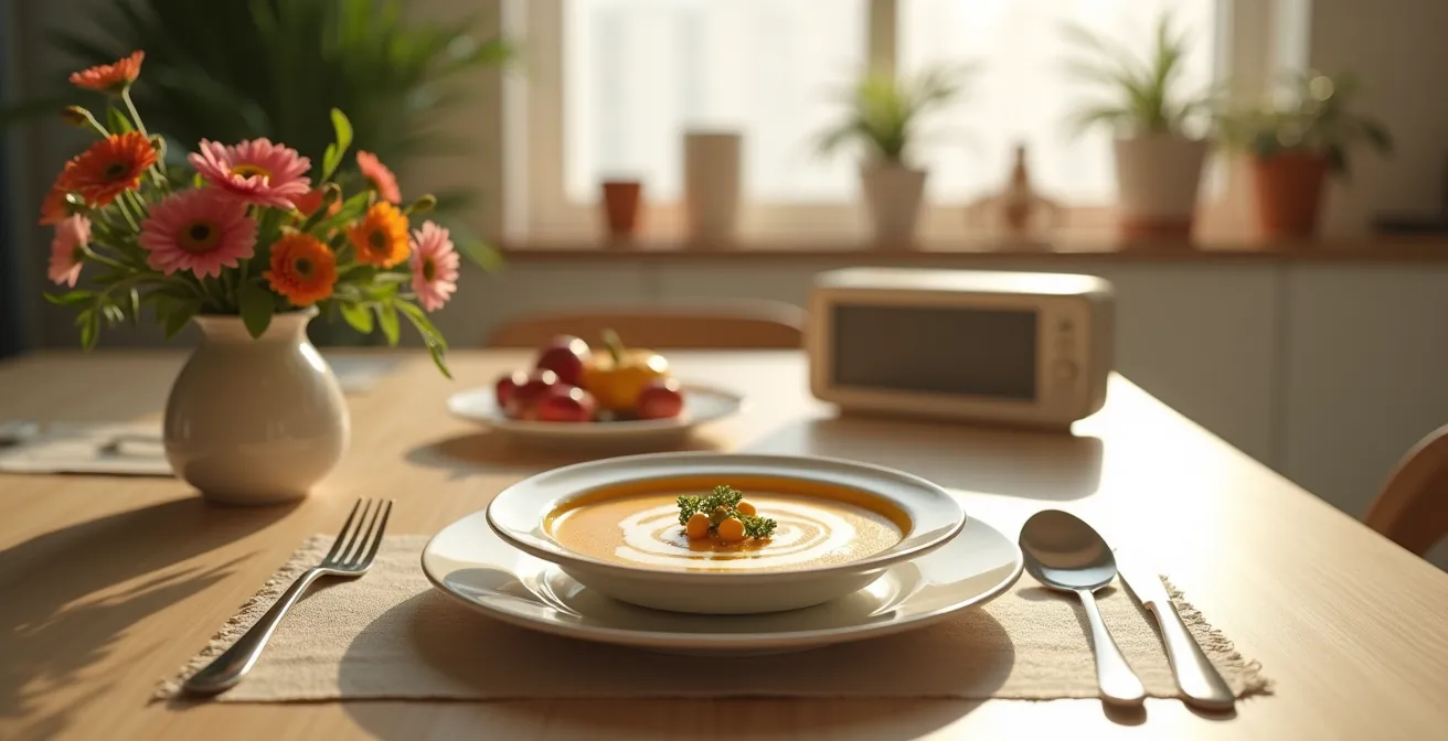 Plateau repas enrichi joliment dressé pour une personne seule avec décoration soignée