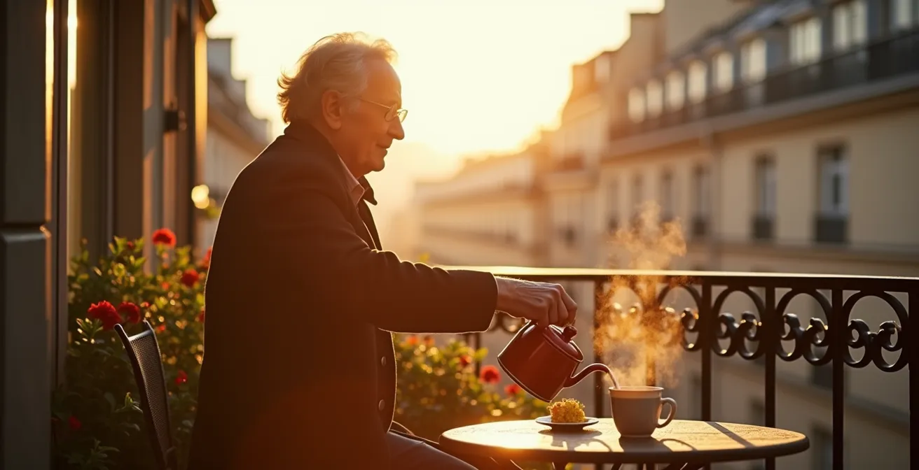 Senior sur son balcon fleuri profitant de la lumière matinale avec une tasse de café