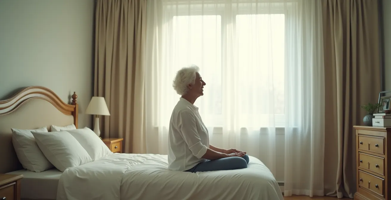 Senior effectuant des micro-mouvements d'éveil au lit pour réveiller les articulations en douceur