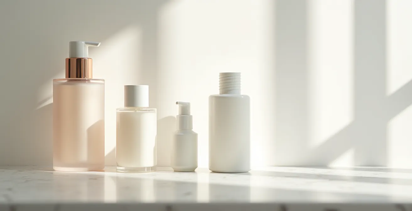 Table de salle de bain épurée avec produits de soin disposés en séquence du plus fluide au plus riche