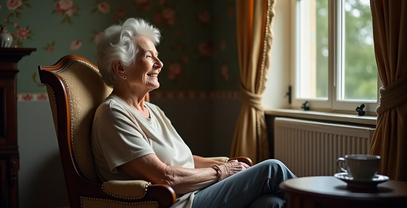 Femme senior assise face à une fenêtre, regard serein vers l'extérieur