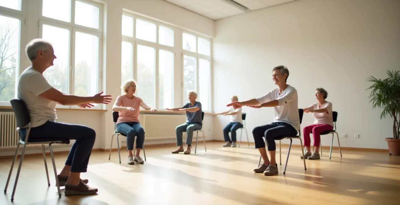Personne âgée travaillant son équilibre assis sur une chaise dans une salle lumineuse