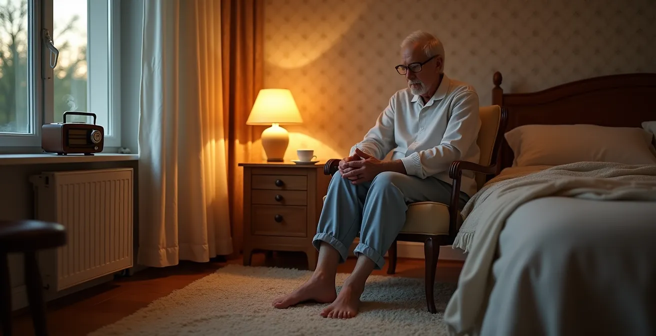 Personne pratiquant des étirements doux le soir dans une chambre calme et sécurisée, avec une tisane à proximité