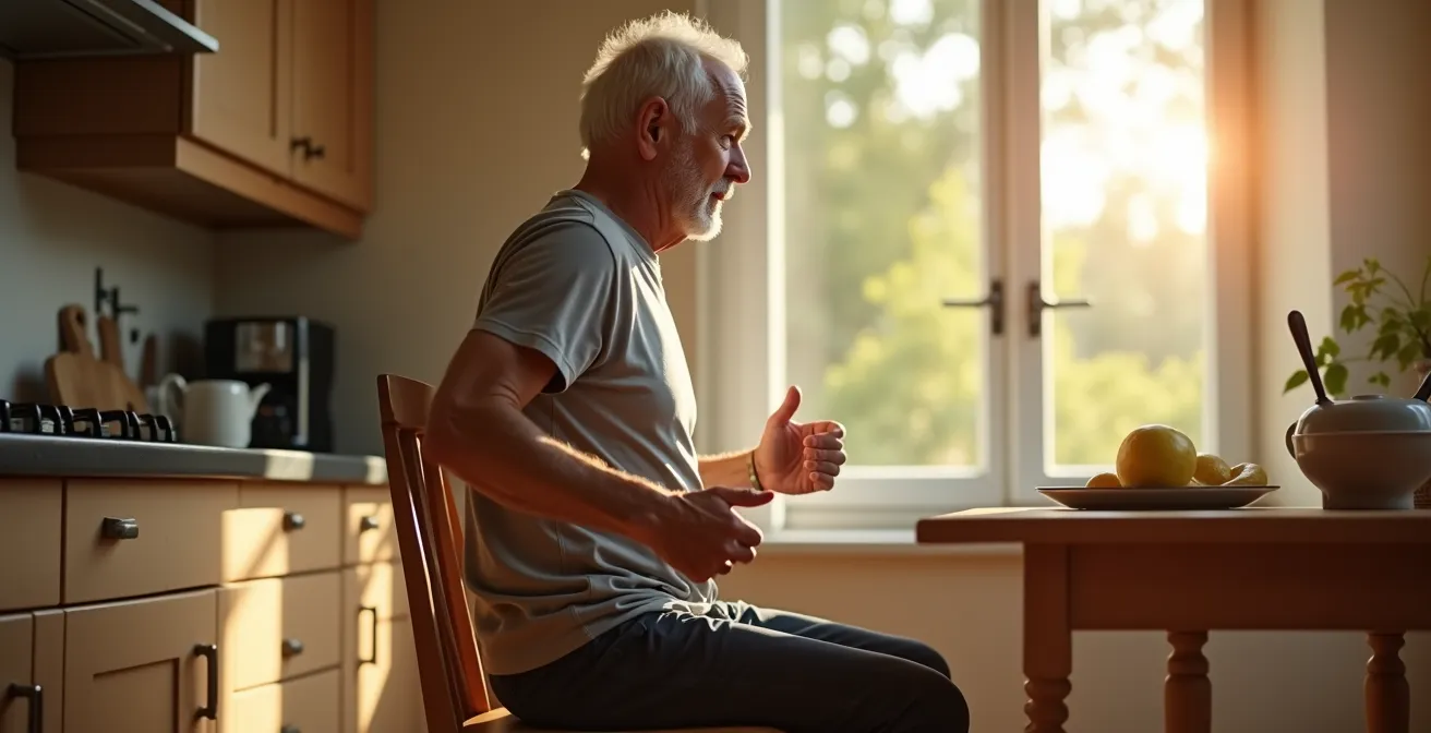 Senior effectuant des exercices de lever de chaise dans sa cuisine pour renforcer ses muscles