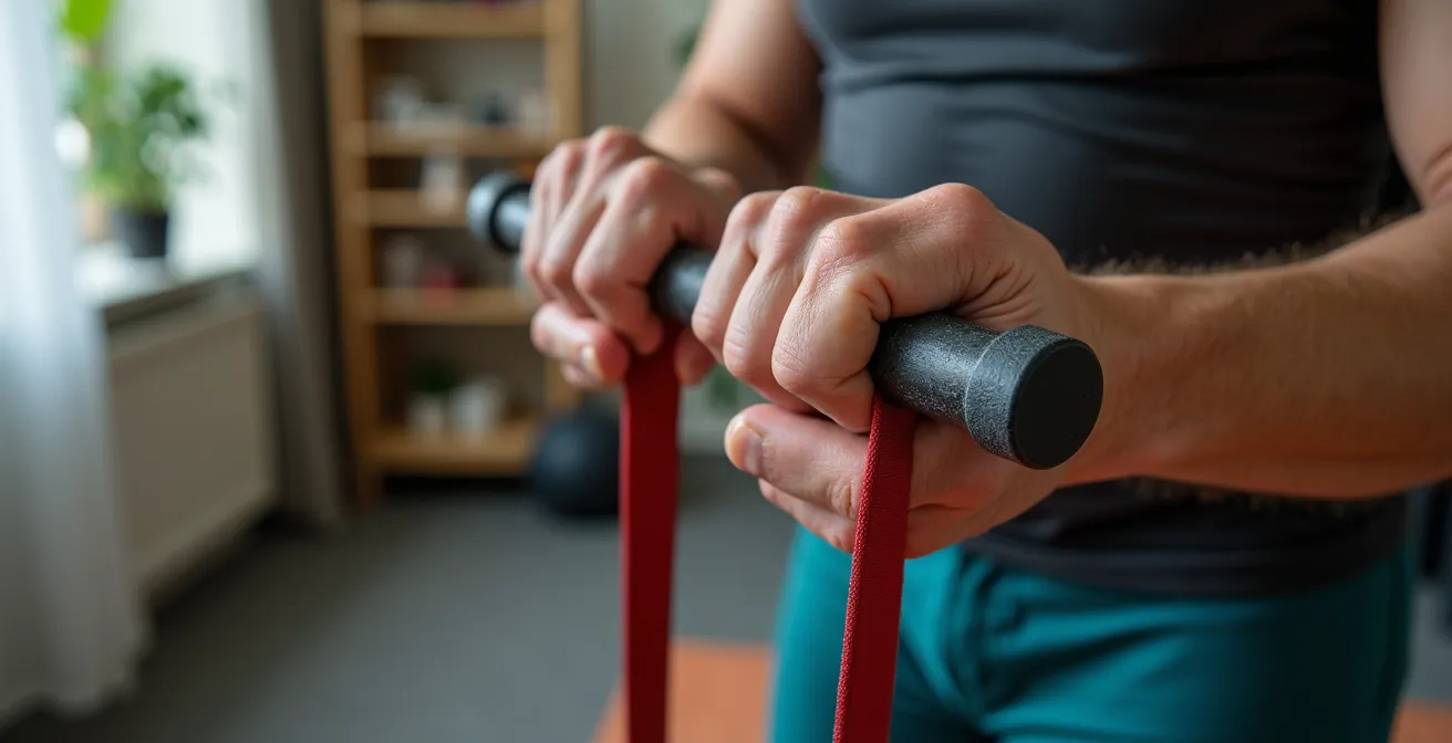 Senior pratiquant des exercices avec élastique dans son salon aménagé de façon sécurisée