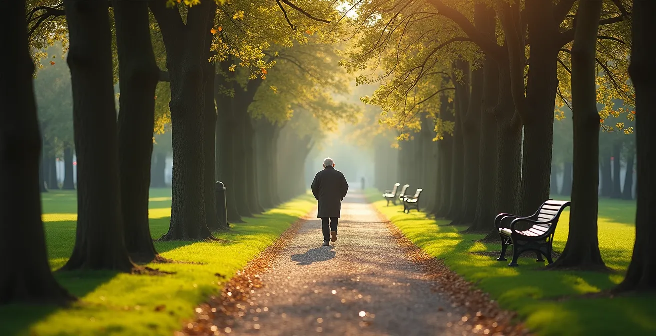Personne âgée marchant avec assurance dans un parc français typique