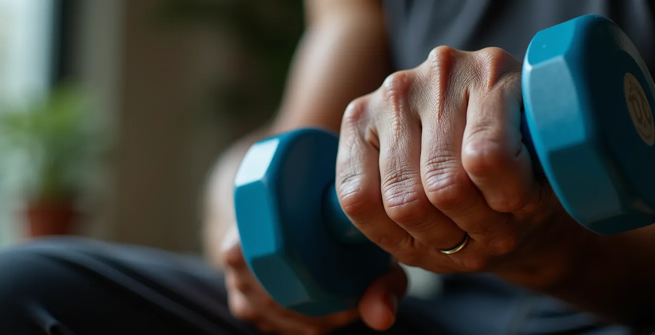 Senior utilisant des haltères légers pour renforcer ses muscles