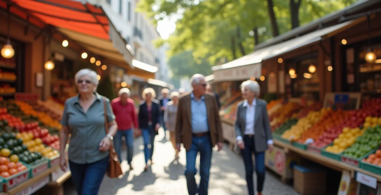 Groupe de seniors marchant ensemble sur un marché français animé