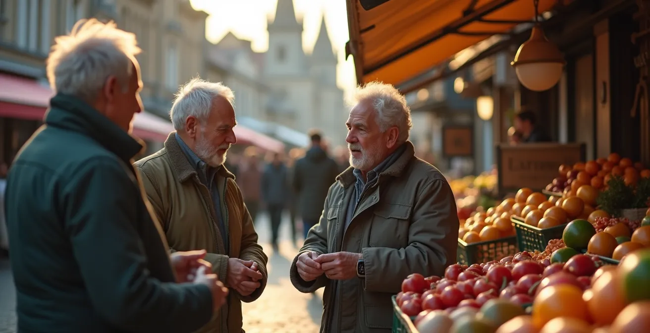 Groupe de seniors au marché local avec la cathédrale d'Amiens en arrière-plan