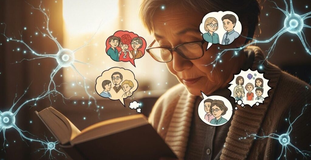 Illustration d’un senior lisant un livre avec des bulles graphiques montrant des personnages, des neurones lumineux et des symboles d’émotion