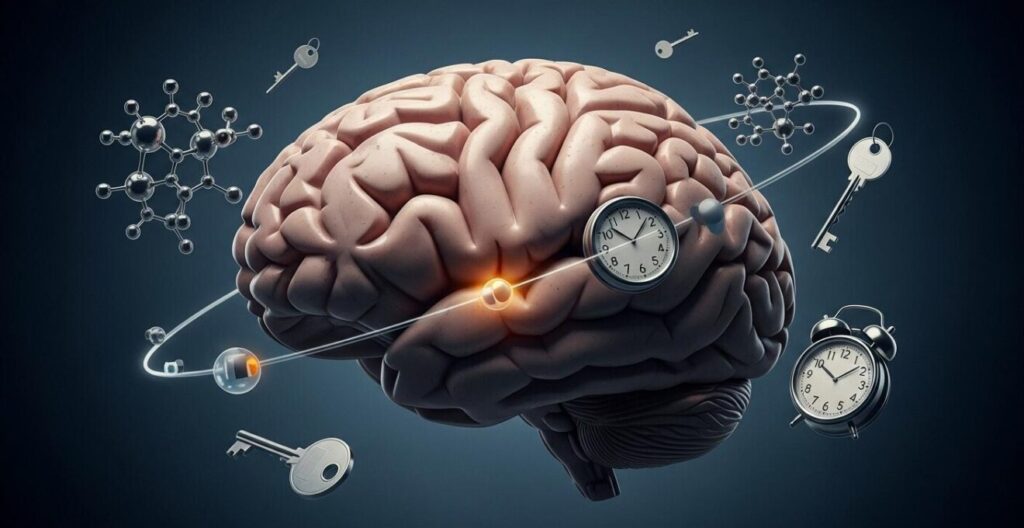 Illustration symbolique montrant un cerveau de senior avec des zones d’hippocampe soulignées et des icônes représentant le stress et l’oubli